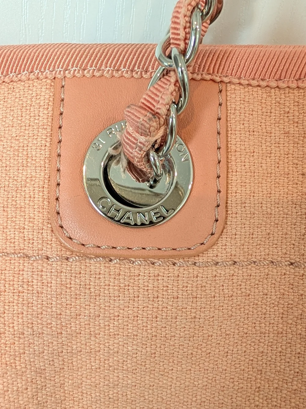 CHANEL Deauville Peach Chain-Handle Logo Tote - Picture 12 of 16